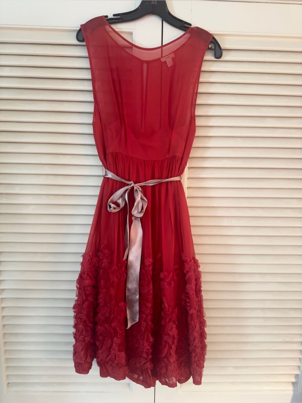 MINT ANTHROPOLOGIE BRAND PEONY RED SILK ROSETTE DRESS W/GREY RIBBON SASH SZ 10